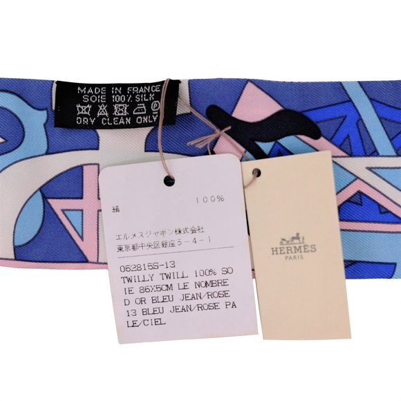 HERMES Twilly LE NOMBRE D OR Golden Number Scarf 100% Silk Blue - Picture 4 of 6